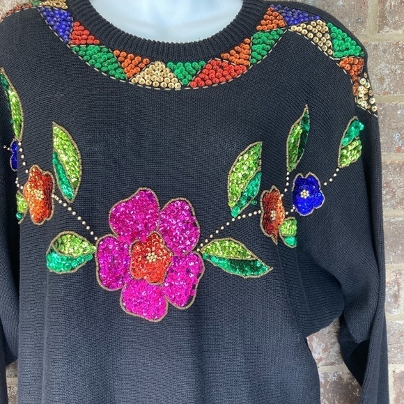 Mister Noah 20W Sequined Sweater Pullover Floral Flowers 90s Knit - Picture 4 of 13